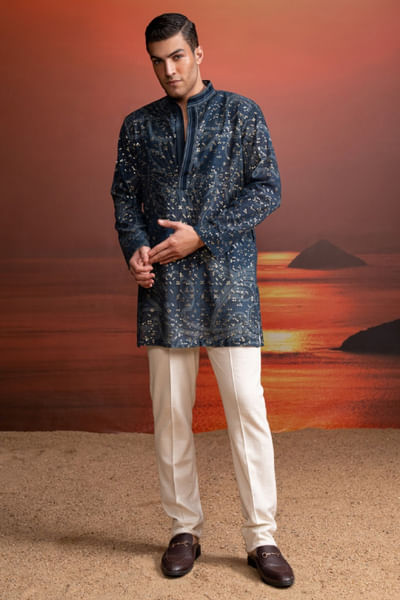 Indigo and ivory printed sequinned kurta set