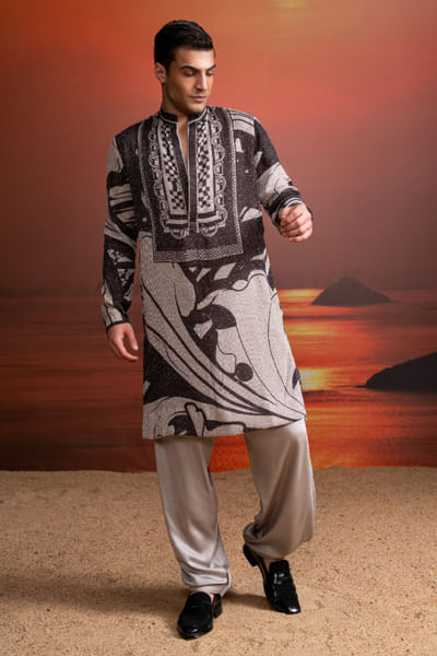Brown printed sequinned kurta set