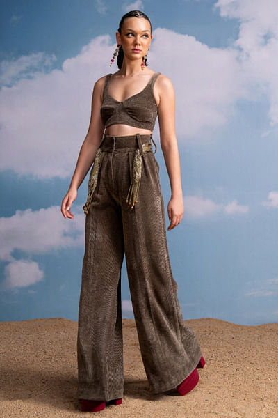Olive green corduroy wide-leg pants