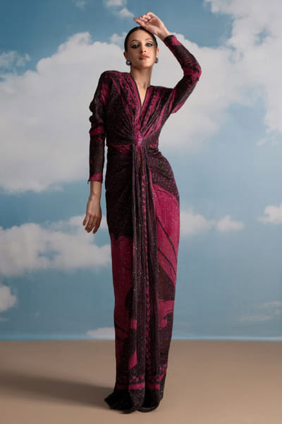 Nikita Mhaisalkar Fuchsia pink swirl printed draped dress NIKAPR25D123212