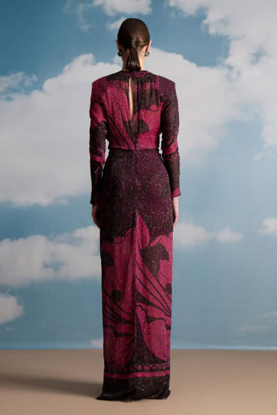 Nikita Mhaisalkar Fuchsia pink swirl printed draped dress NIKAPR25D123212
