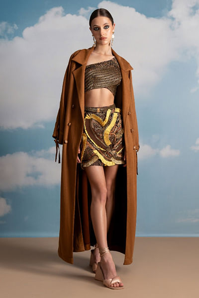 Brown bead embroidered fringed skirt