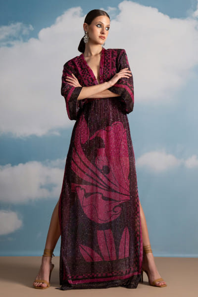 Nikita Mhaisalkar Fuchsia pink floral printed kaftan dress NIKAPR25D123218