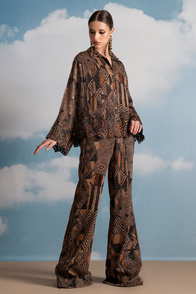 Brown geometric printed co-ords