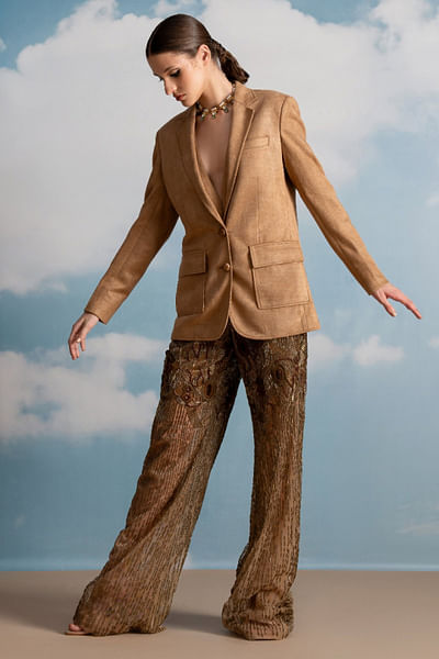 Brown baroque embroidered sheer pants