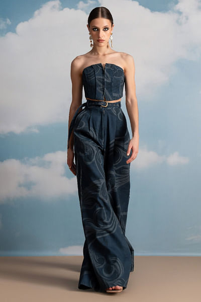 Indigo swirl printed wide-leg denim pants