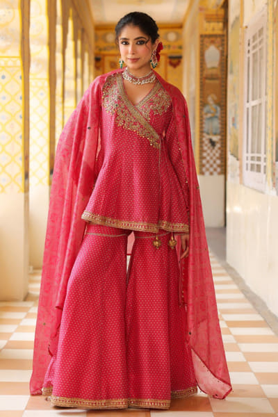 Niti Bothra Pink print embroidered angrakha sharara set NITNOV25D137836