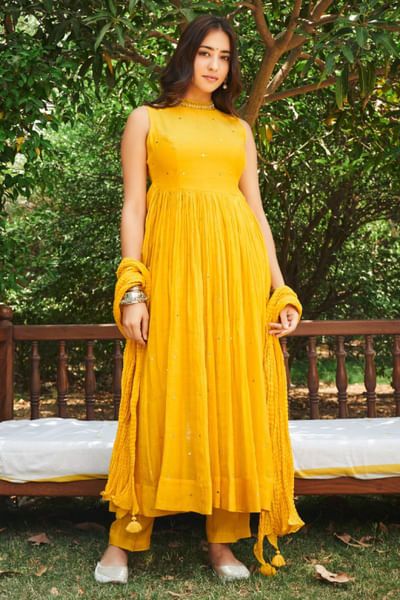Yellow thread embroidered anarkali set