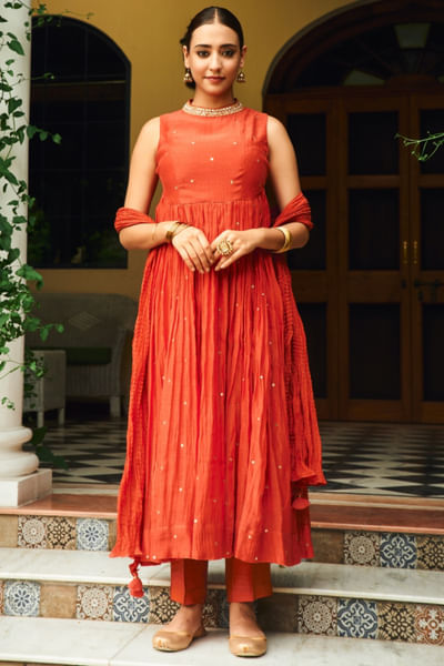 Red mirror embroidered anarkali set