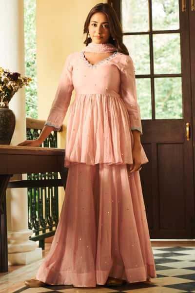 Peach mirror embroidered sharara set