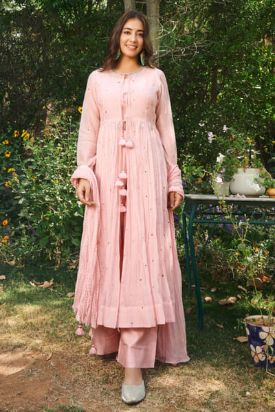 Light pink dori embroidered anarkali set