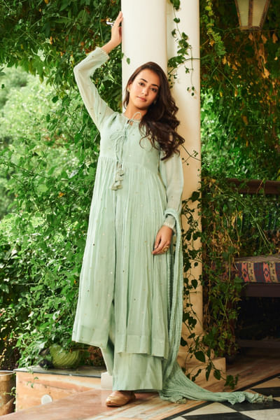 Green mirror embroidered anarkali set