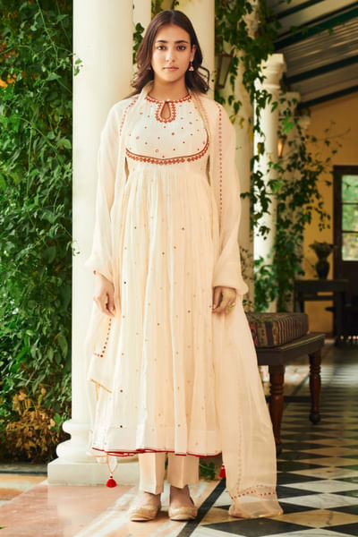 Off-white pearl embroidered anarkali set