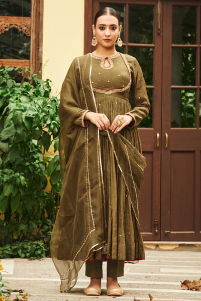 Olive green mirror embroidered anarkali set