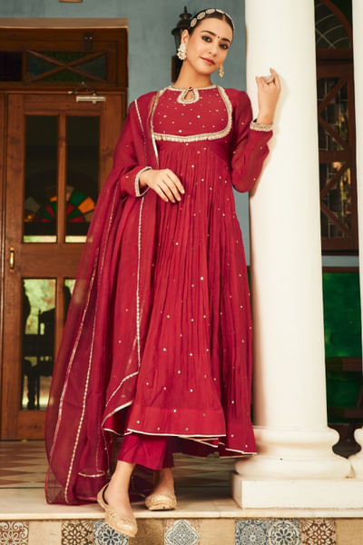 Red pearl embroidered anarkali set