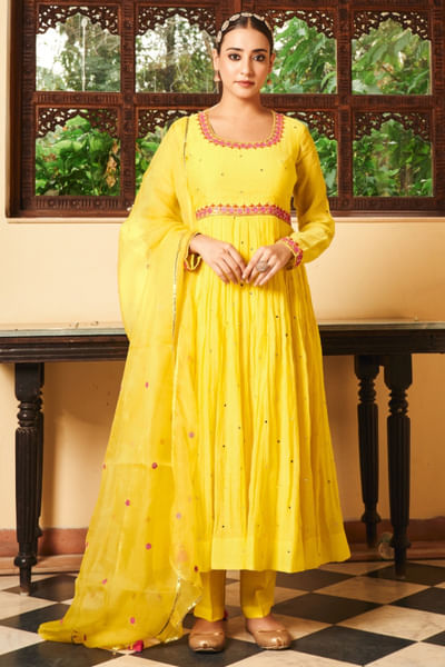 Yellow pitta embroidered anarkali set