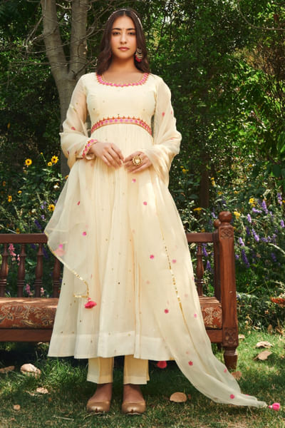 Off-white mirror embroidered anarkali set