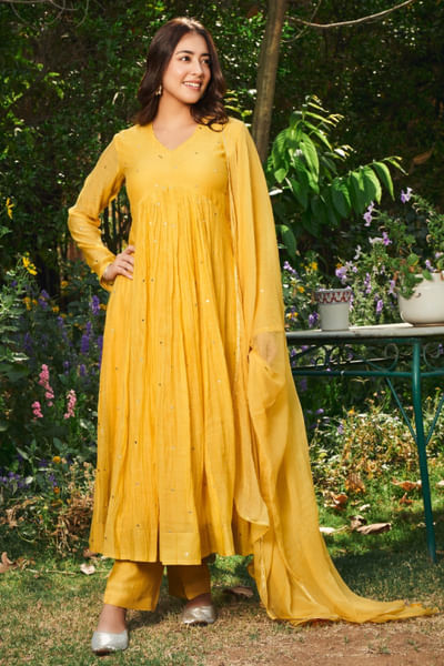 Yellow mirror embroidered anarkali set