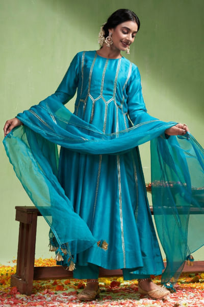 Teal blue gota work anarkali set