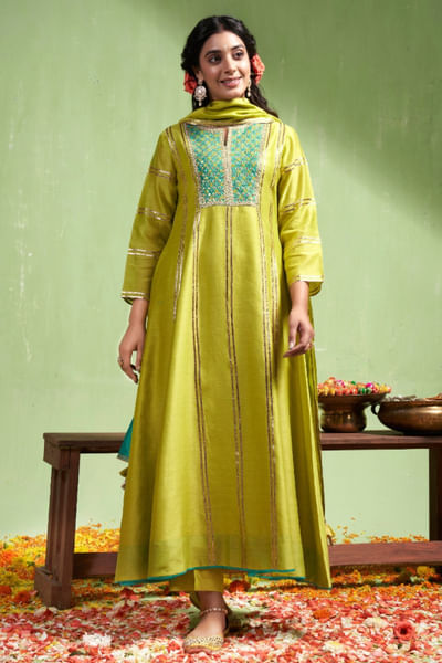 Lime green gota work anarkali set