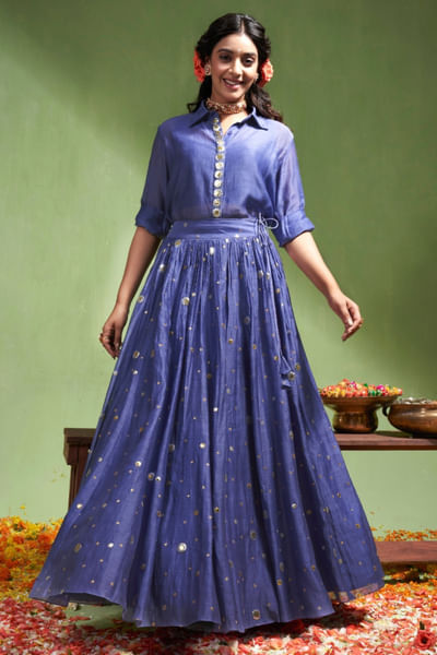 Blue chanderi gota skirt set