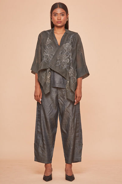 Grey floral embroidered jacket set