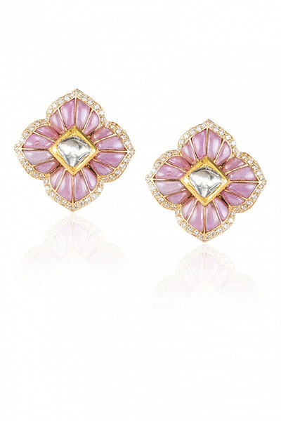 Floral ruby and uncut diamond studs