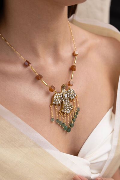 Beige bead embellished necklace