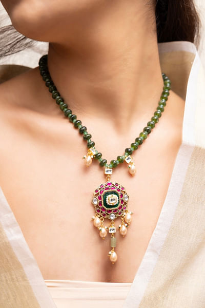 Green bead embellished necklace