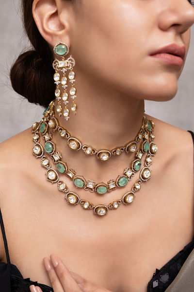Green beaded layered necklace set