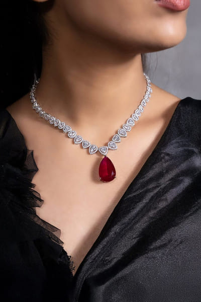 Joules by Radhika Ruby red teardrop stone pendant necklace set JOULAUG26D151534