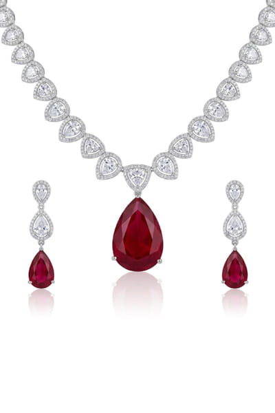 Joules by Radhika Ruby red teardrop stone pendant necklace set JOULAUG26D151534