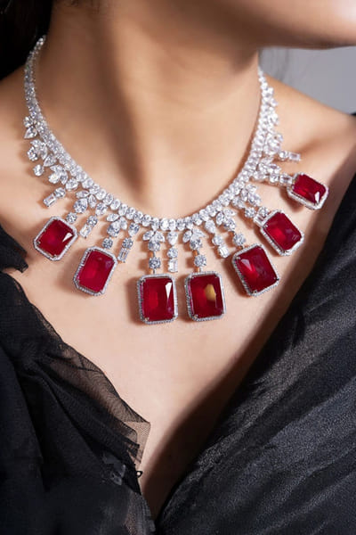 Joules by Radhika Ruby red-silver stone embellished necklace set JOULAUG26D151535