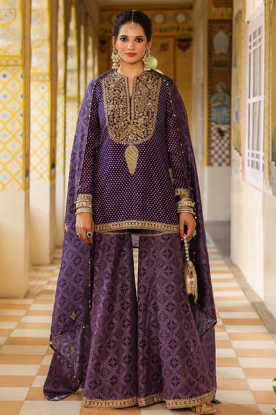 Niti Bothra Purple printed and embroidered sharara set NITNOV25D137835