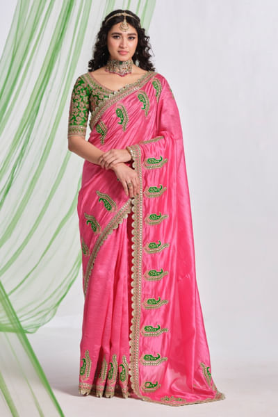 Pink embroidered sari set