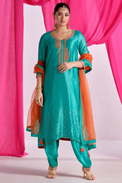 Green embroidered kurta set