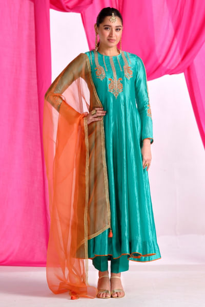 Green embroidered anarkali set