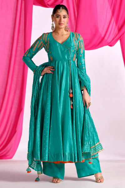 Green embroidered angrakha anarkali set