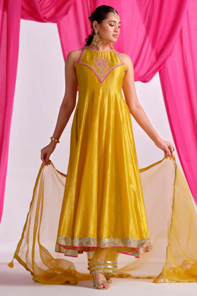 Yellow embroidered anarkali and pant