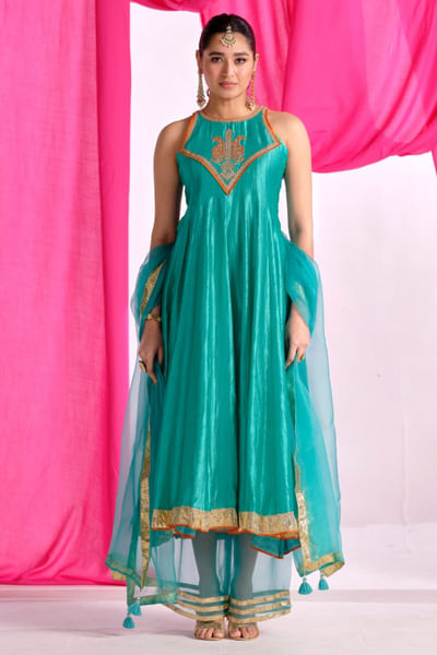 Green embroidered anarkali and pant