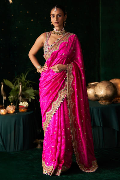 Pink embroidered sari set