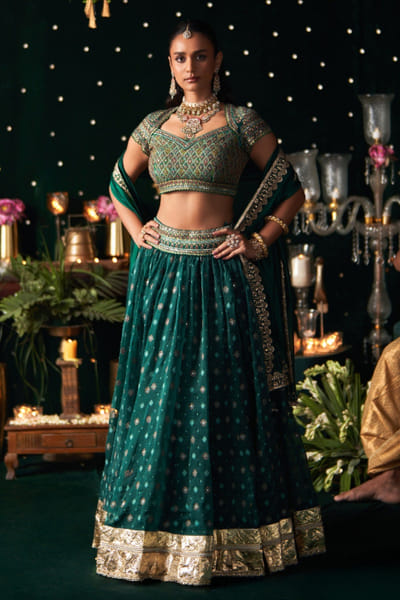 Green jacquard lehenga set