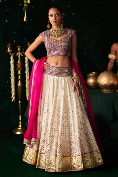 White jacquard lehenga set