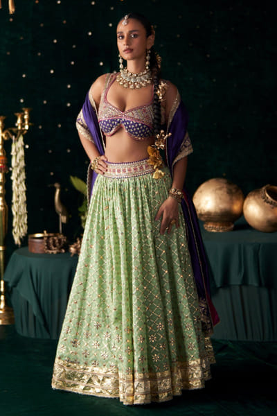 Green embroidered lehenga set