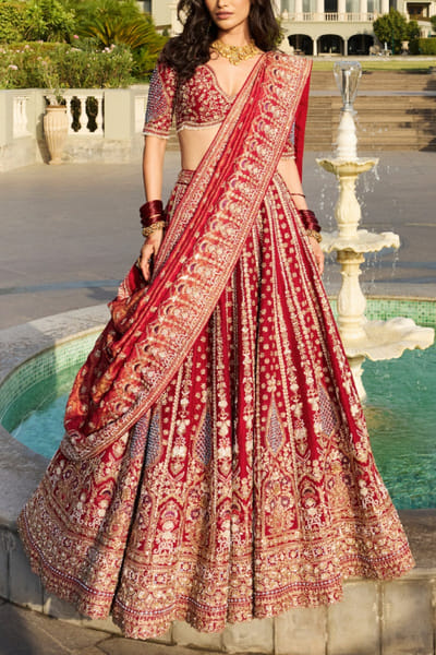 Maroon red zardozi embroidered lehenga set