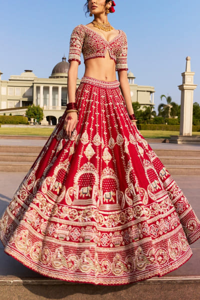 Crimson red elephant embroidered lehenga set