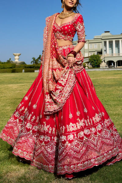 Tomato red bride groom embroidered lehenga set