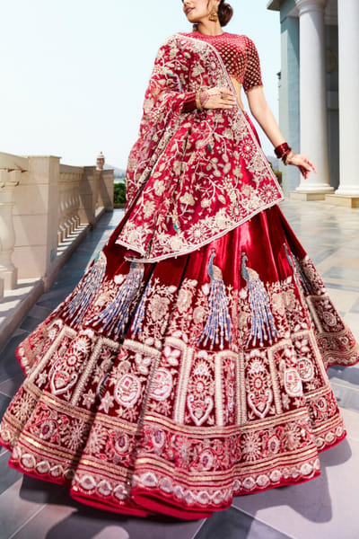 Maroon red peacock embroidered lehenga set