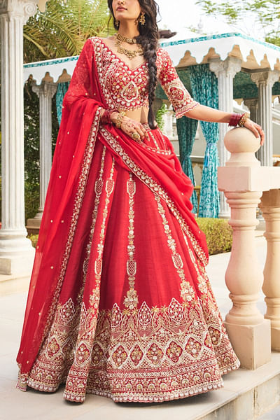 Cherry red floral zardozi embroidery lehenga set