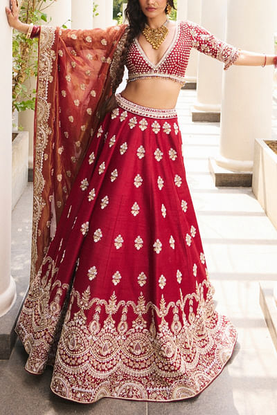 Blood red floral embroidered lehenga set